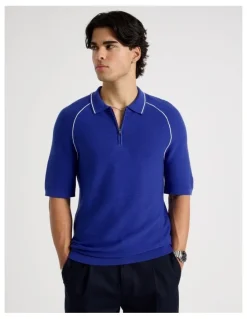 Blaq Seam Detail Zip Polo in Cobalt