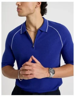 Blaq Seam Detail Zip Polo in Cobalt