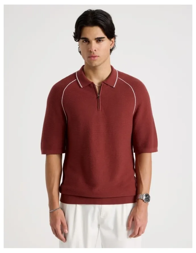 Blaq Seam Detail Zip Polo in Rust