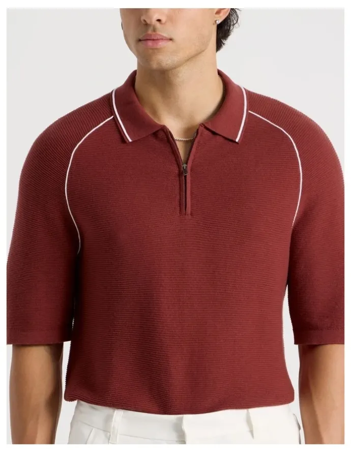 Blaq Seam Detail Zip Polo in Rust