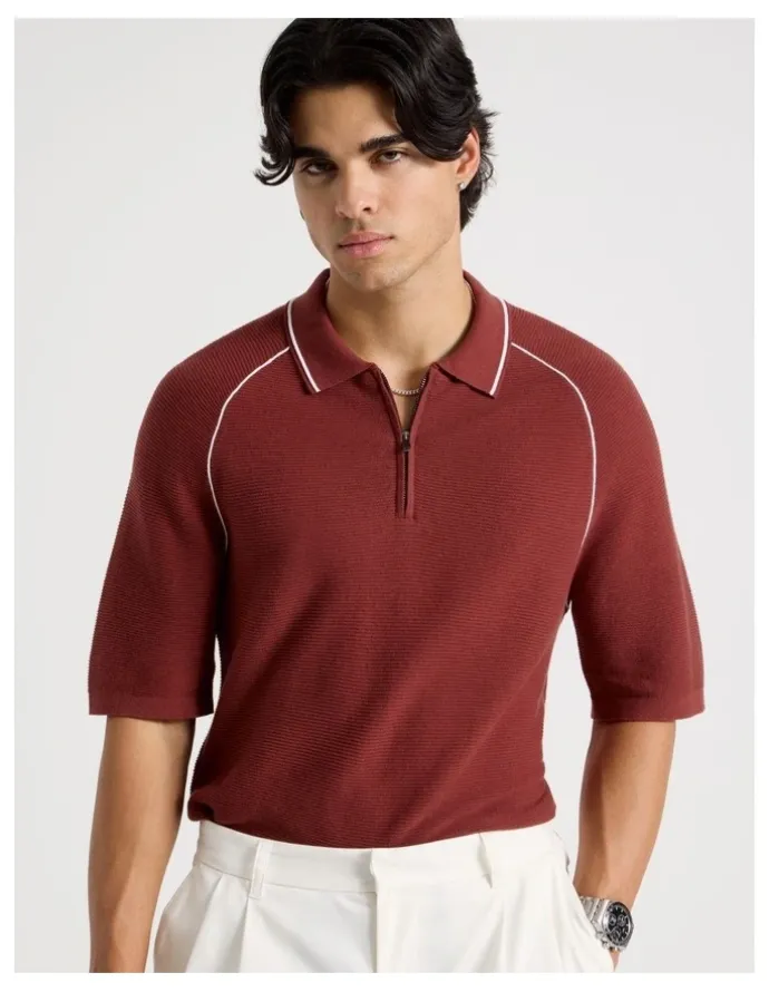 Blaq Seam Detail Zip Polo in Rust