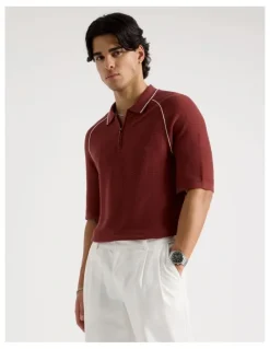 Blaq Seam Detail Zip Polo in Rust