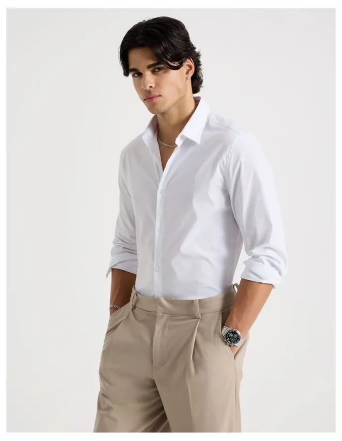 Blaq Slim Fit Stretch Long Sleeve Shirt in White
