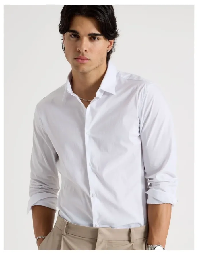 Blaq Slim Fit Stretch Long Sleeve Shirt in White