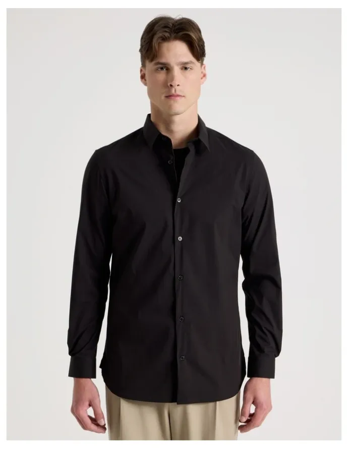 Blaq Slim Fit Stretch Long Sleeve Shirt in Black