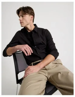Blaq Slim Fit Stretch Long Sleeve Shirt in Black