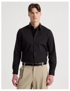 Blaq Slim Fit Stretch Long Sleeve Shirt in Black