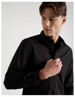 Blaq Slim Fit Stretch Long Sleeve Shirt in Black