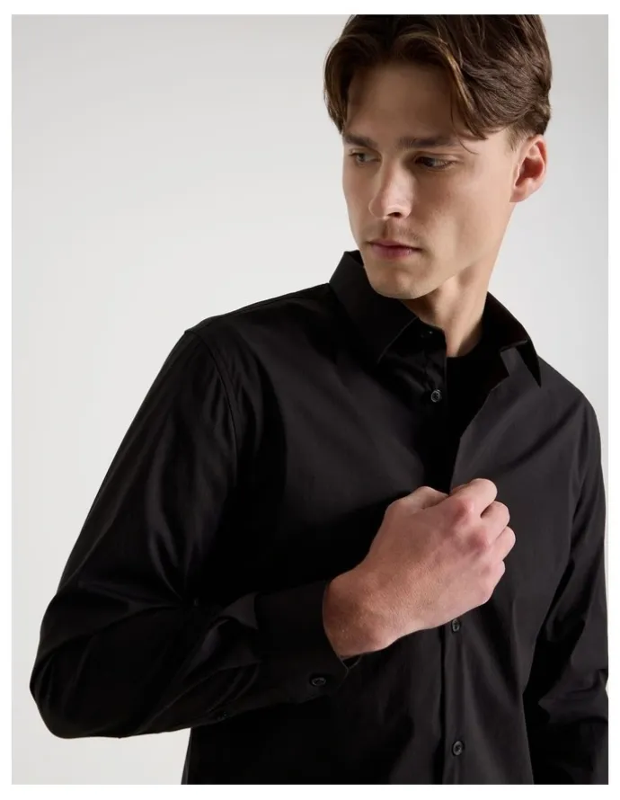 Blaq Slim Fit Stretch Long Sleeve Shirt in Black