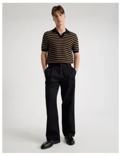 Blaq Stripe Open Collar Knit Polo in Black