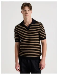 Blaq Stripe Open Collar Knit Polo in Black