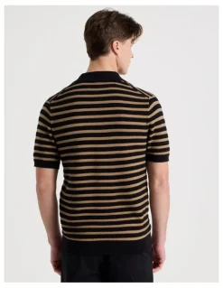Blaq Stripe Open Collar Knit Polo in Black