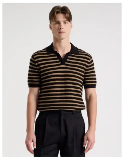 Blaq Stripe Open Collar Knit Polo in Black