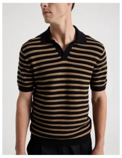 Blaq Stripe Open Collar Knit Polo in Black