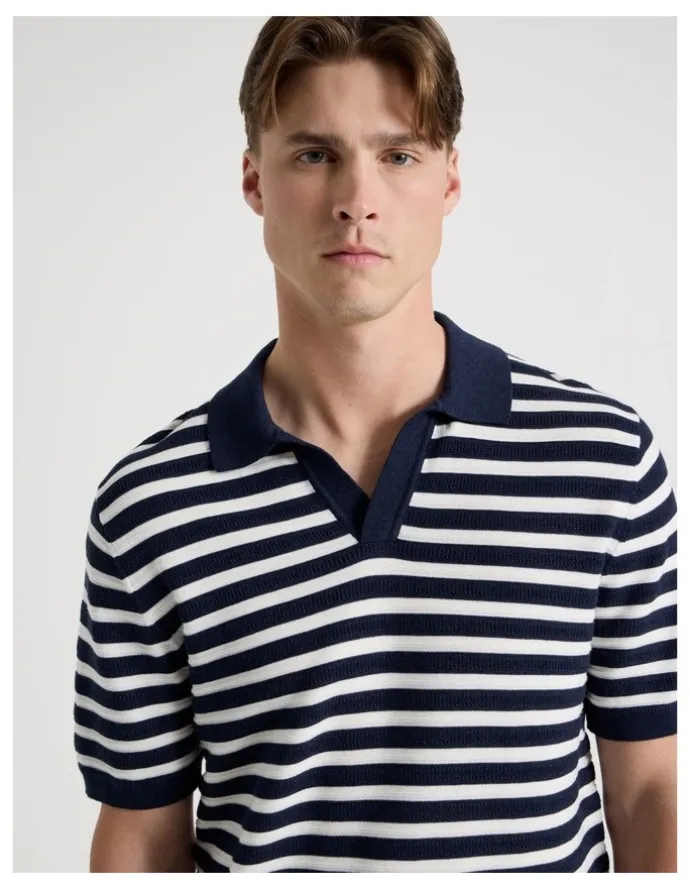 Blaq Stripe Open Collar Knit Polo in Navy