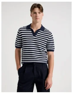 Blaq Stripe Open Collar Knit Polo in Navy