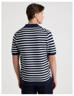 Blaq Stripe Open Collar Knit Polo in Navy