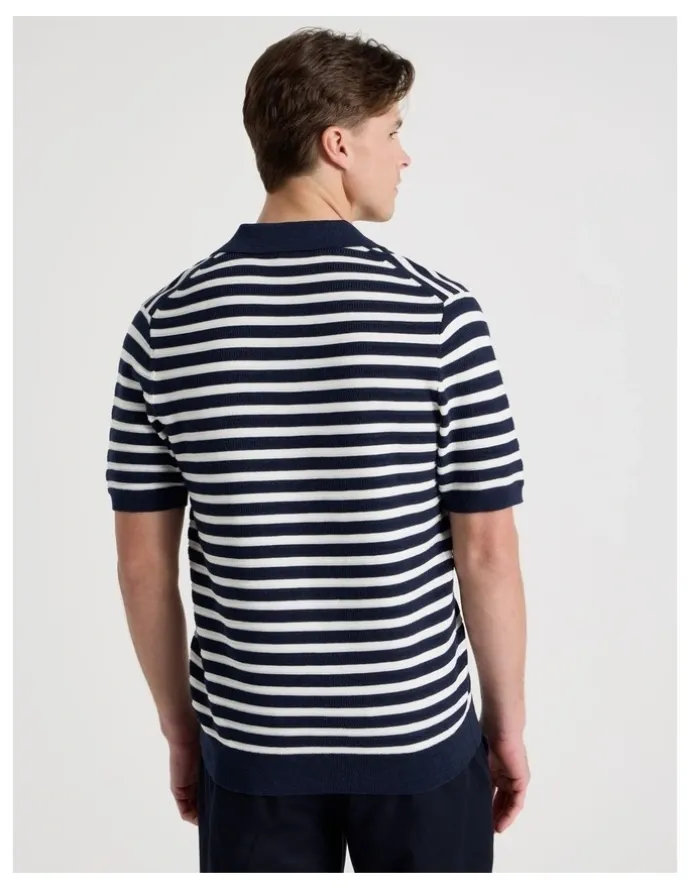 Blaq Stripe Open Collar Knit Polo in Navy