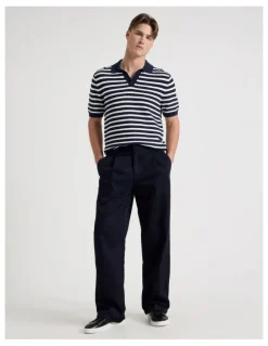 Blaq Stripe Open Collar Knit Polo in Navy