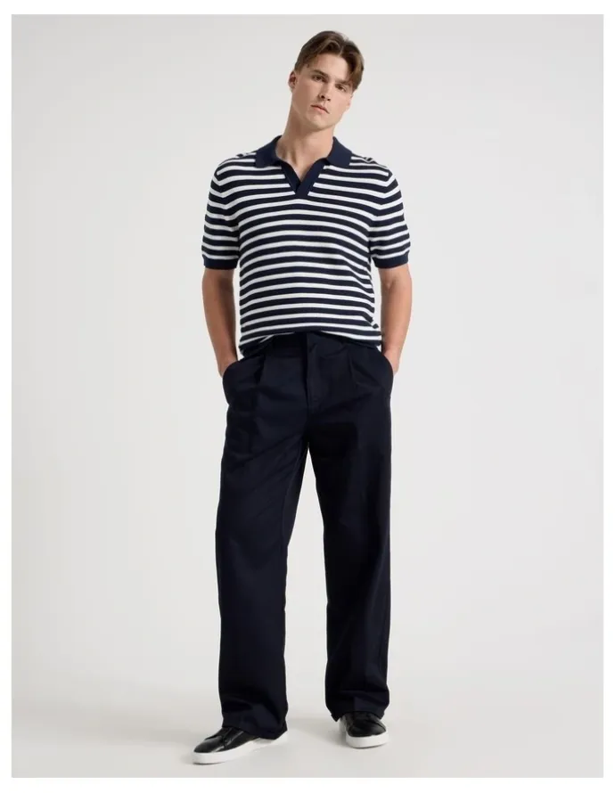 Blaq Stripe Open Collar Knit Polo in Navy