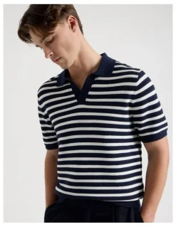 Blaq Stripe Open Collar Knit Polo in Navy