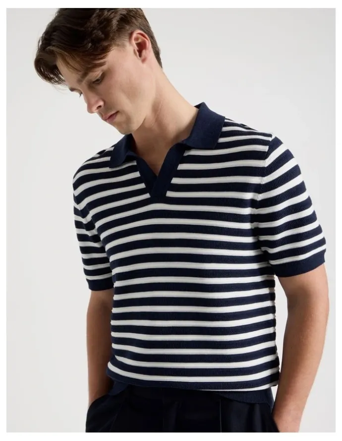 Blaq Stripe Open Collar Knit Polo in Navy