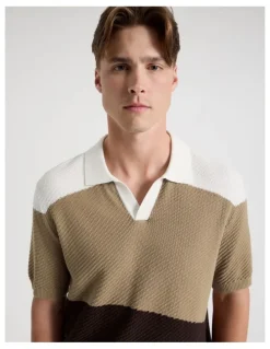 Blaq Textured Colourblock Knit Polo in Sand