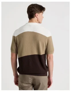 Blaq Textured Colourblock Knit Polo in Sand