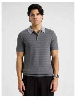 Blaq Textured Knit Short Sleeve Polo in Charcoal
