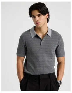 Blaq Textured Knit Short Sleeve Polo in Charcoal