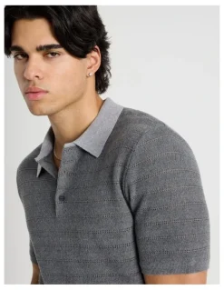 Blaq Textured Knit Short Sleeve Polo in Charcoal
