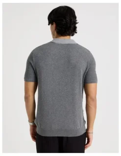Blaq Textured Knit Short Sleeve Polo in Charcoal