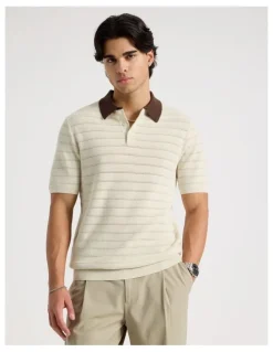 Blaq Textured Knit Short Sleeve Polo in Ecru