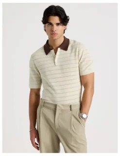 Blaq Textured Knit Short Sleeve Polo in Ecru