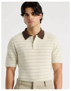 Blaq Textured Knit Short Sleeve Polo in Ecru