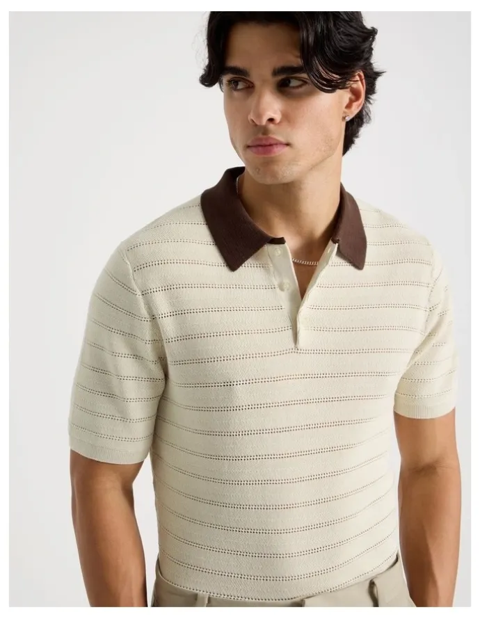 Blaq Textured Knit Short Sleeve Polo in Ecru