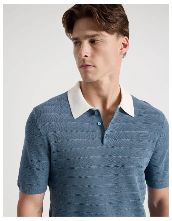 Blaq Textured Knit Short Sleeve Polo in Mid Blues