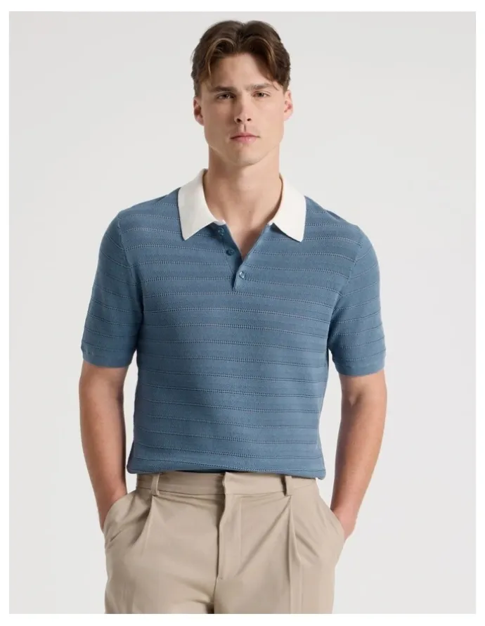 Blaq Textured Knit Short Sleeve Polo in Mid Blues