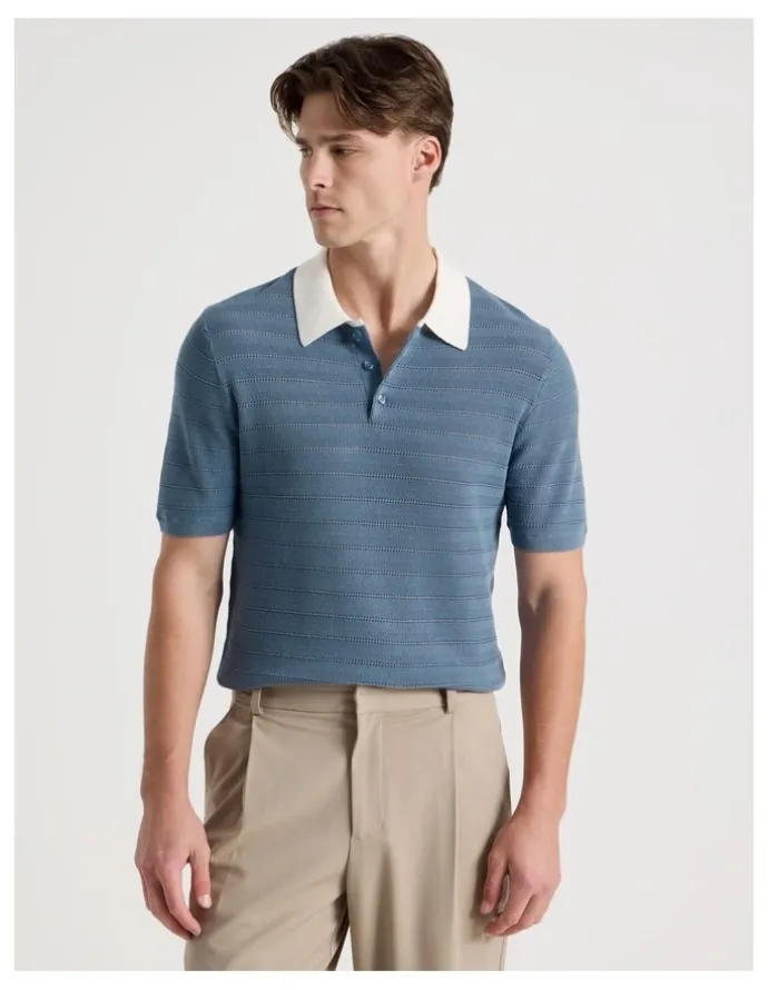 Blaq Textured Knit Short Sleeve Polo in Mid Blues