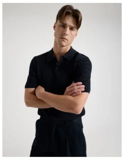 Blaq Textured Knit Short Sleeve Polo in Navy