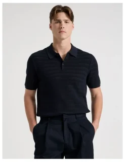 Blaq Textured Knit Short Sleeve Polo in Navy
