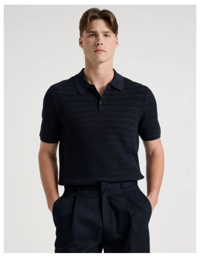 Blaq Textured Knit Short Sleeve Polo in Navy