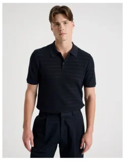 Blaq Textured Knit Short Sleeve Polo in Navy