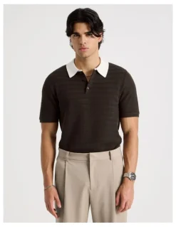 Blaq Textured Knit Short Sleeve Polo in Chocolate