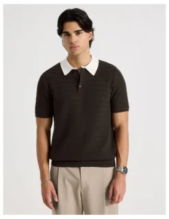 Blaq Textured Knit Short Sleeve Polo in Chocolate