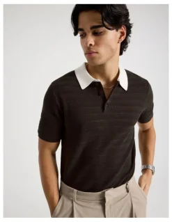 Blaq Textured Knit Short Sleeve Polo in Chocolate