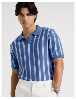 Blaq Textured Stripe Open Collar Polo in Blue