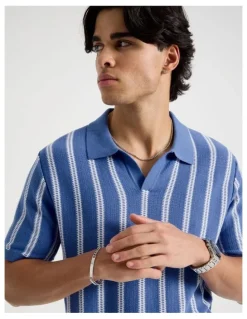 Blaq Textured Stripe Open Collar Polo in Blue