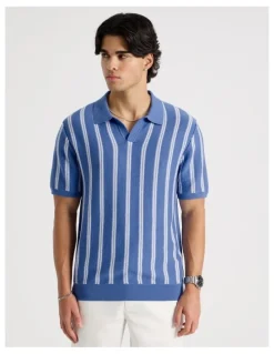 Blaq Textured Stripe Open Collar Polo in Blue