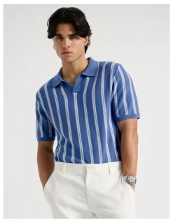 Blaq Textured Stripe Open Collar Polo in Blue